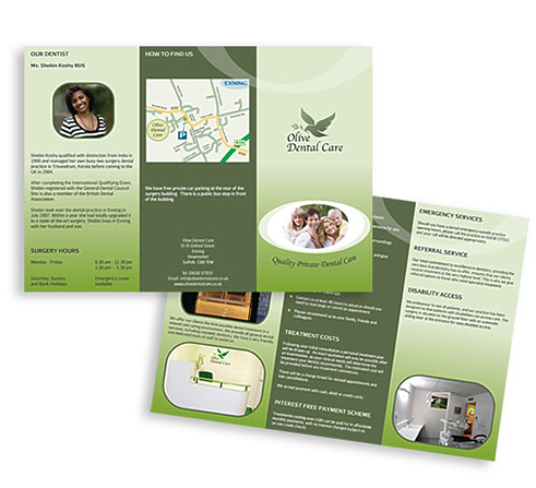 Olive Dental Care trifold leaflet and capacity wallets